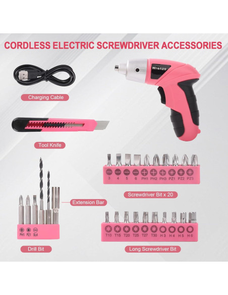 Destornillador Eléctrico Wrenzo Rosa 3.6V 28 Piezas LED USB
