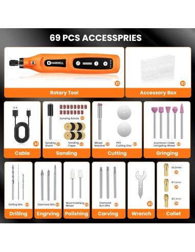 Herramienta Rotativa Inalámbrica HARDELL 4V 69 Piezas 2000mAh