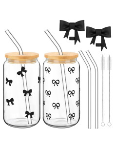 Conjunto 2 Tazas Vidrio Skylety 16oz con Lazo Negro y Accesorios