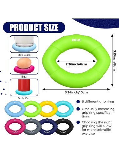 Anillo de Fuerza de Mano RoundFunny - Kit de 8 Piezas para Ejercicio