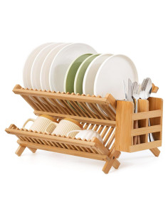 Escurridor de Platos Plegable Oyydecor de Bambú 2 Niveles