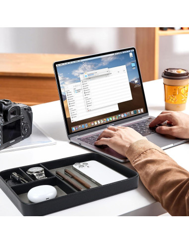 Bandeja Organizadora de Cuero PU Buqoo Negra 4 Compartimentos