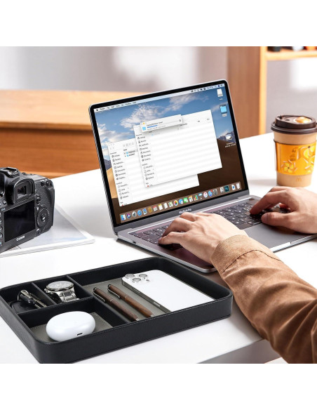 Bandeja Organizadora de Cuero PU Buqoo Negra 4 Compartimentos