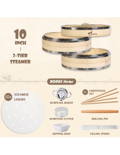 Vaporera de Bambú Dasoguy 10" con Acero Inoxidable y 50 Forros 2