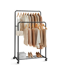 Perchero Doble Barra SONGMICS con Ruedas y Estante Negro