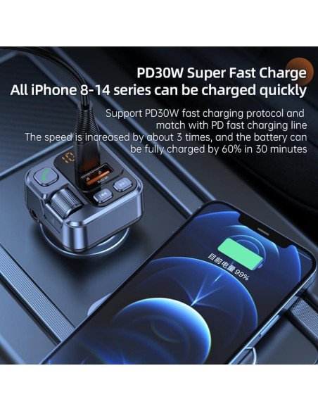 Transmisor FM Bluetooth 5.1 FCtianX con Cargador USB 30W