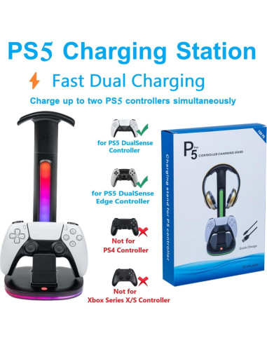 Estación de Carga Rápida para 2 Controladores PS5 con Soporte RGB