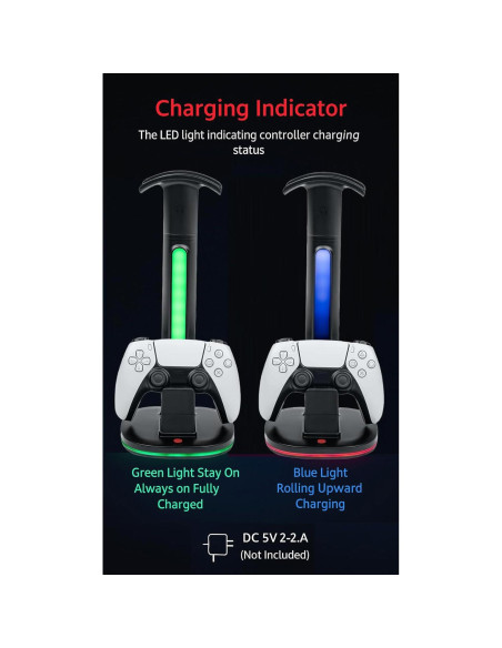 Estación de Carga Rápida para 2 Controladores PS5 con Soporte RGB Estación de Carga Rápida para 2 Controladores PS5 con Soporte RGB
