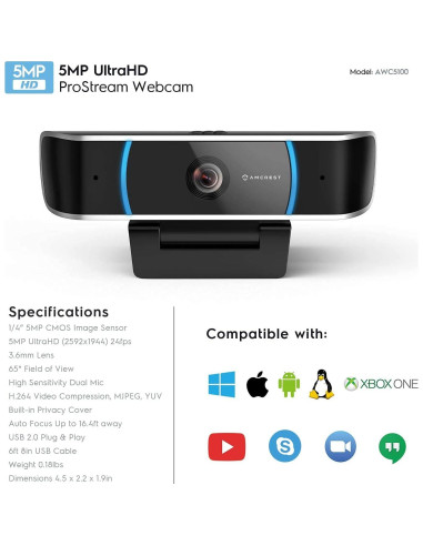 Cámara Web Amcrest AWC5100 5MP HD con Micrófono y Gran Angular