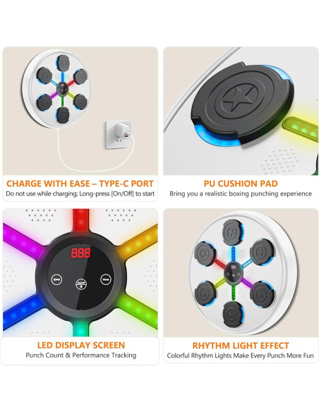 Máquina de Boxeo Musical SPUER Blanca con Luces LED y Guantes