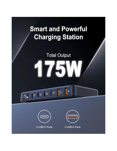 Cargador USB-C Graaci 175W 6 Puertos Carga Rápida LCD