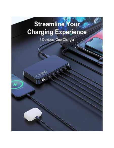 Cargador USB-C Graaci 175W 6 Puertos Carga Rápida LCD
