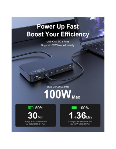 Cargador USB-C Graaci 175W 6 Puertos Carga Rápida LCD