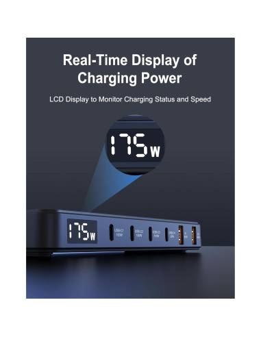 Cargador USB-C Graaci 175W 6 Puertos Carga Rápida LCD