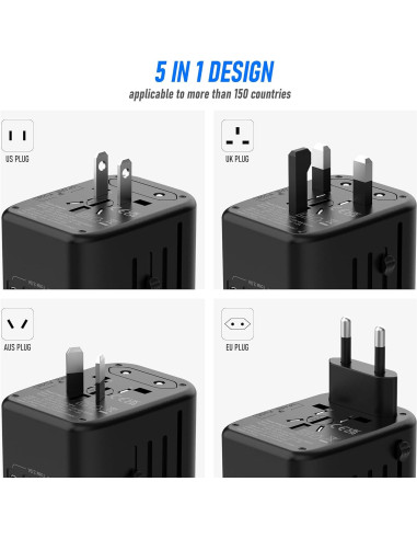 Adaptador de Enchufe Universal 5 en 1 Ouli 3.5A USB-C Negro