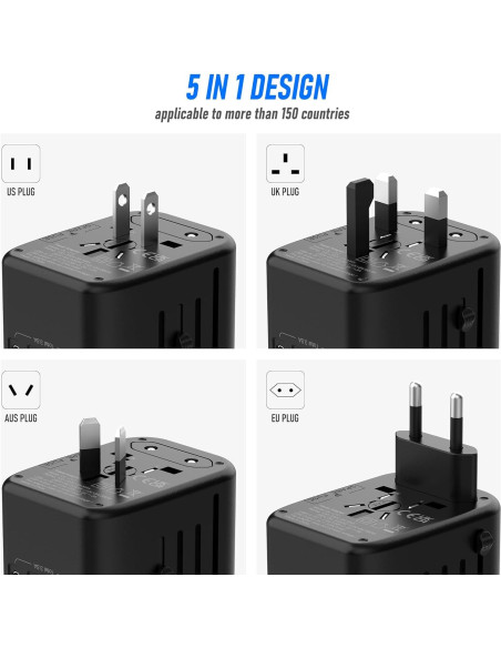 Adaptador de Enchufe Universal 5 en 1 Ouli 3.5A USB-C Negro