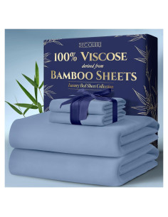 Sábanas Queen DECOLURE 100% Viscosa de Bambú 4 Piezas Azul Claro