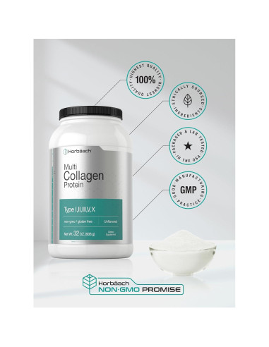 Proteína de Colágeno Hidrolizado Horbaach 32 oz | Tipos I, II, III, V, X | Sin Sabor, Sin Gluten
