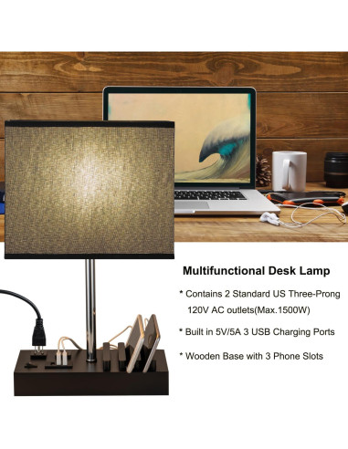 Lámpara de Mesa USB Briever L6009-2AC con 2 Salidas AC y 3 Puertos USB