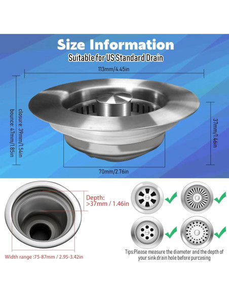 Colador y tapón de desagüe Kilobey 3 en 1 acero inoxidable