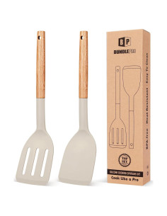 Juego de 2 Espátulas de Silicona BUNDLEPRO, Mango de Madera, Antiadherentes