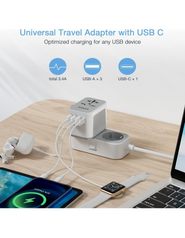Adaptador de Viaje TESSAN 4 Puertos USB C Gris 2500W