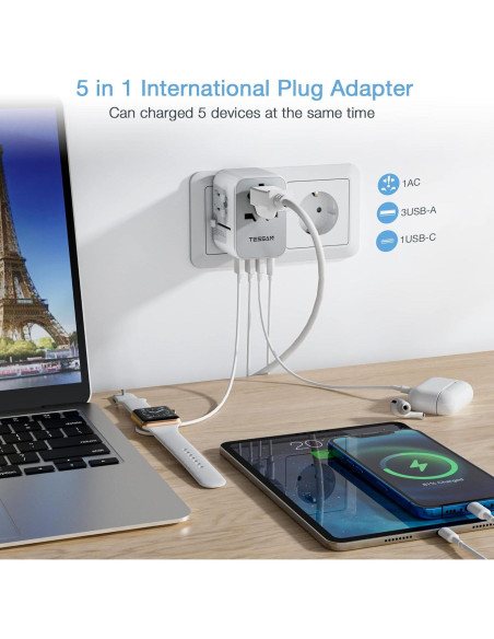 Adaptador de Viaje TESSAN 4 Puertos USB C Gris 2500W