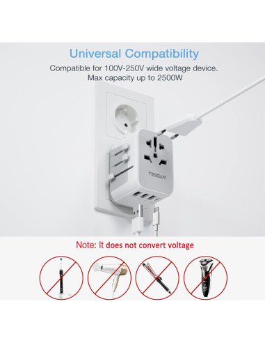 Adaptador de Viaje TESSAN 4 Puertos USB C Gris 2500W
