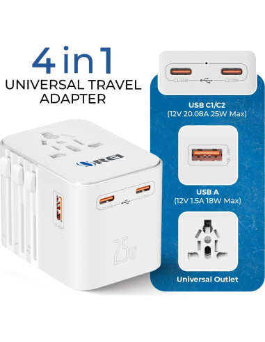 Adaptador de Viaje Universal OREI M8 25W 4-en-1 USB-C
