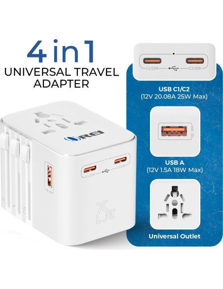 Adaptador de Viaje Universal OREI M8 25W 4-en-1 USB-C