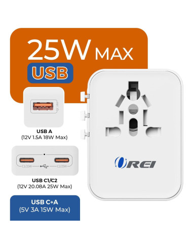 Adaptador de Viaje Universal OREI M8 25W 4-en-1 USB-C