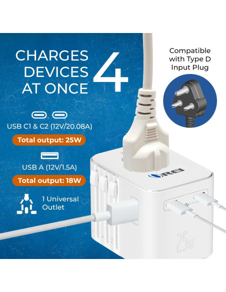 Adaptador de Viaje Universal OREI M8 25W 4-en-1 USB-C