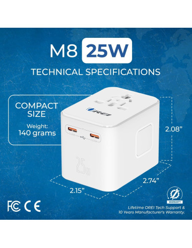 Adaptador de Viaje Universal OREI M8 25W 4-en-1 USB-C