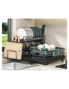 Escurridor de Platos de 2 Niveles BCWW - Negro, Ahorra Espacio