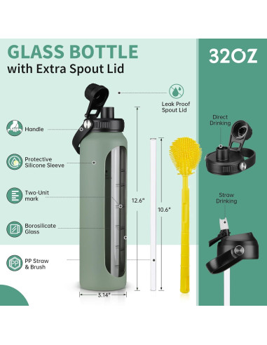 Botella de Agua de Vidrio Sierozur 1 Litro con 2 Tapas