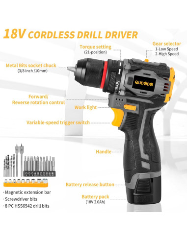 Kit de Taladro Inalámbrico QUDODO 120PCS 18V Sin Escobillas