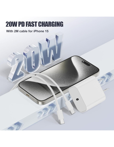 Cargador Rápido 20W USB C para iPhone 16/15, Cable 3m