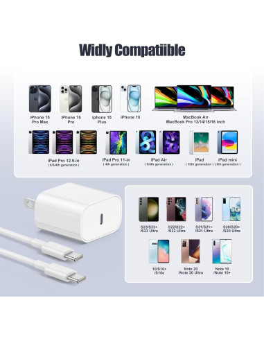 Cargador Rápido 20W USB C para iPhone 16/15, Cable 3m