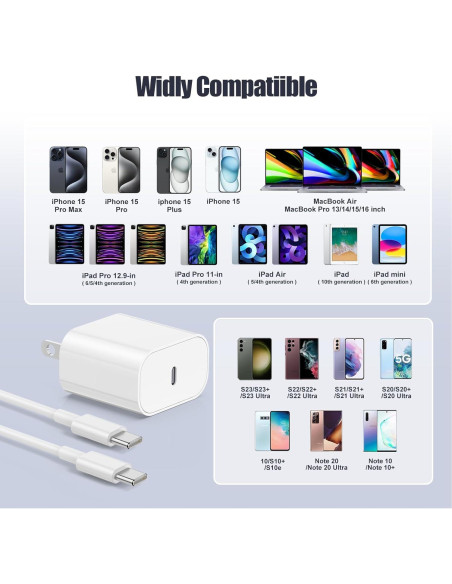 Cargador Rápido 20W USB C para iPhone 16/15, Cable 3m