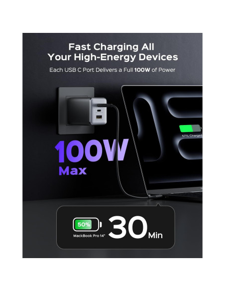 Cargador USB C 100W wegear Plegable 3 Puertos Negro