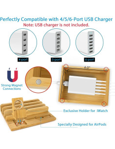 Estación de Carga de Bambú NEXGADGET con 5 Cables USB 2