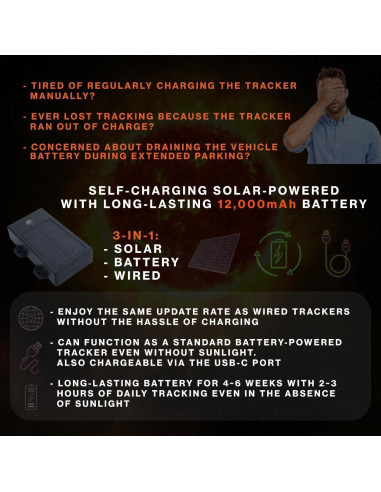 GPS Tracker Solar AccuTracking TK382, Batería 12000mAh, IP67