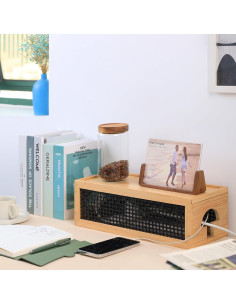 Caja Organizadora de Cables HTB de Madera de Pino y Ratan - Diseño Vintage Negro 2