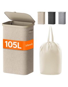 Cesto de Ropa Lifewit 105L con Tapa y Bolsa Extraíble Beige