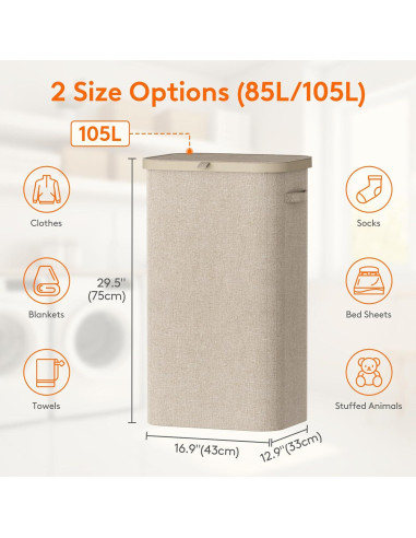 Cesto de Ropa Lifewit 105L con Tapa y Bolsa Extraíble Beige