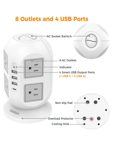 Regleta TESSAN 10m 12 en 1 con 8 Salidas y 4 USB