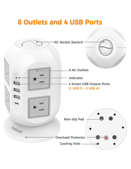 Regleta TESSAN 10m 12 en 1 con 8 Salidas y 4 USB Regleta TESSAN 10m 12 en 1 con 8 Salidas y 4 USB