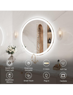 Espejo LED Redondo 91 cm WOSEKBATHAL con Luz Regulable y Anti-Vaho 2