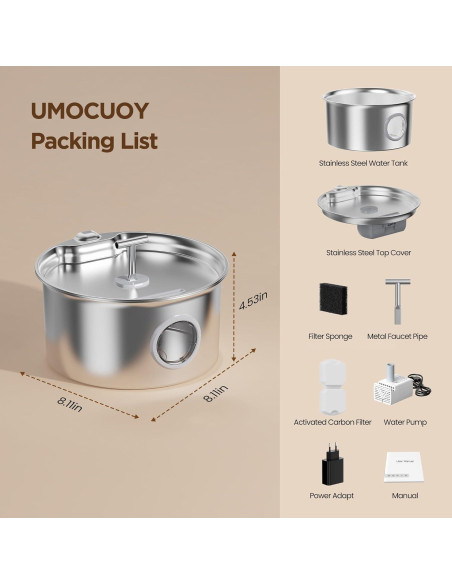 Fuente de Agua para Gatos UMOCUOY 2.6L Acero Inoxidable