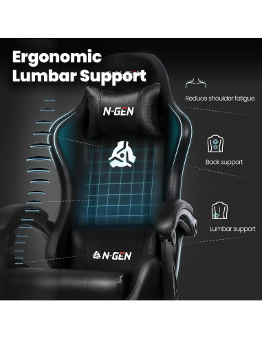 Silla de Juego N-GEN Ergonómica con Reposapiés y Soporte Lumbar